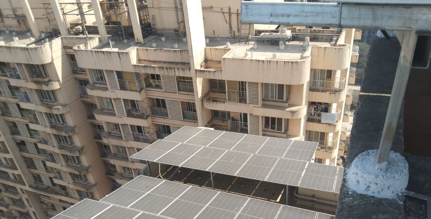 Solar panels on the Dosti Imperia rooftop, Manpada, Thane